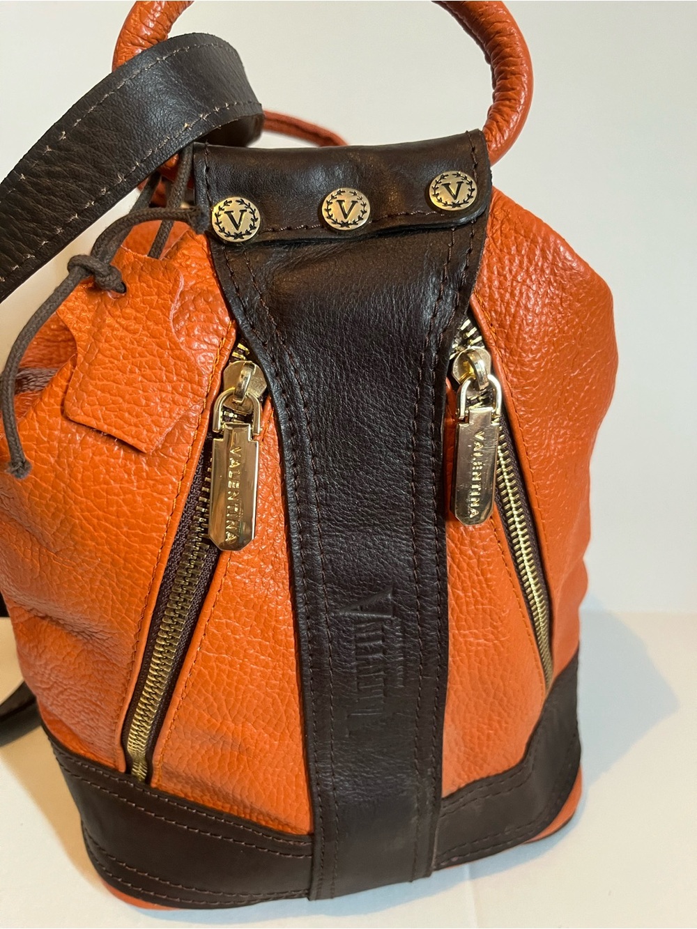 Valentina Italian pebbled Leather Orange and Brown Bucket Backpack Purse
